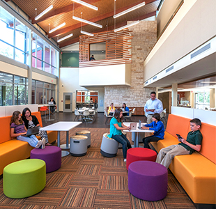 Inside view of modern, colorful classrooms